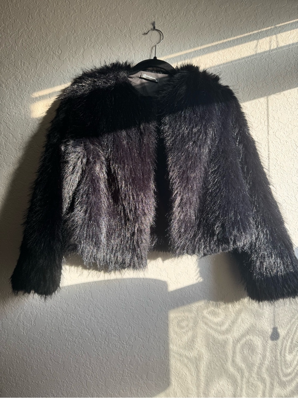 Black Faux Fur Cropped Teddy Jacket - Women